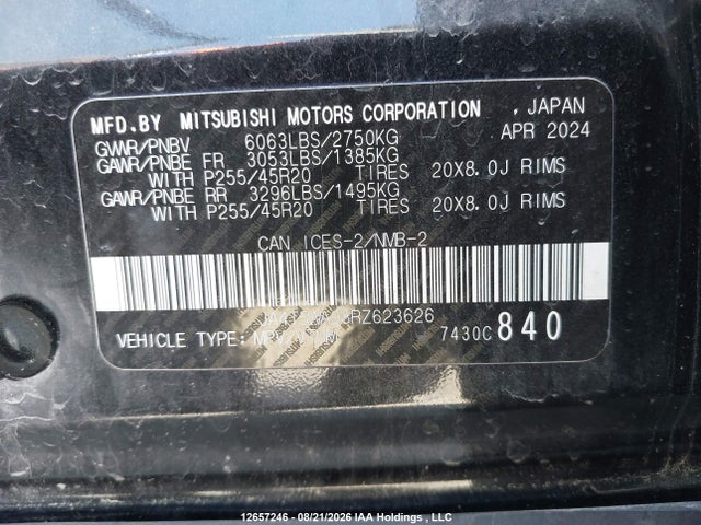 2024 Mitsubishi Outlander Gt/gt Noir/gt Premium/noir მანქანა იყიდება აუქციონზე, vin: JA4T5WA98RZ623626, აუქციონის ნომერი: 12657246