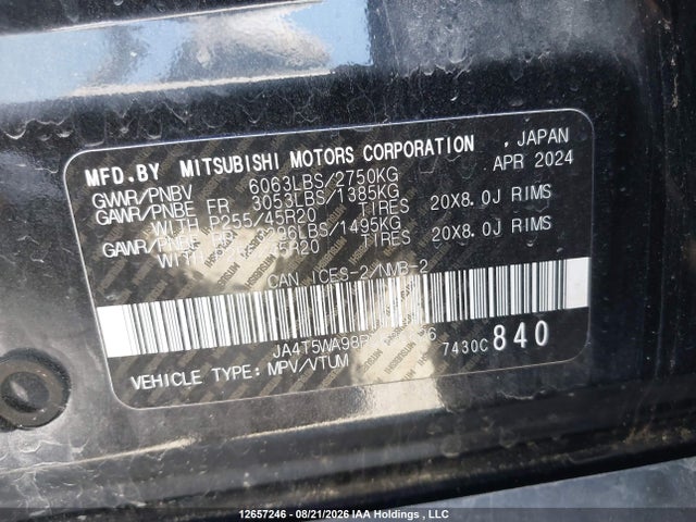2024 Mitsubishi Outlander Gt/gt Noir/gt Premium/noir მანქანა იყიდება აუქციონზე, vin: JA4T5WA98RZ623626, აუქციონის ნომერი: 12657246