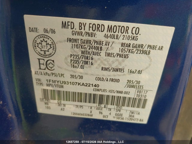 Продаж на аукціоні авто 2007 Ford Escape Xlt, vin: 1FMYU93107KA22140, номер лоту: 12657258