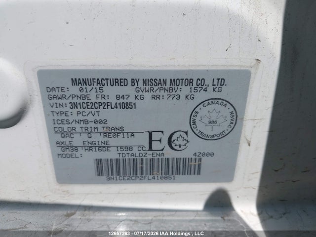 2015 Nissan Versa Note 1.6 S/1.6 Sl/1.6 Sr/1.6 Sv მანქანა იყიდება აუქციონზე, vin: 3N1CE2CP2FL410851, აუქციონის ნომერი: 12657263