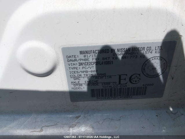 2015 Nissan Versa Note 1.6 S/1.6 Sl/1.6 Sr/1.6 Sv მანქანა იყიდება აუქციონზე, vin: 3N1CE2CP2FL410851, აუქციონის ნომერი: 12657263