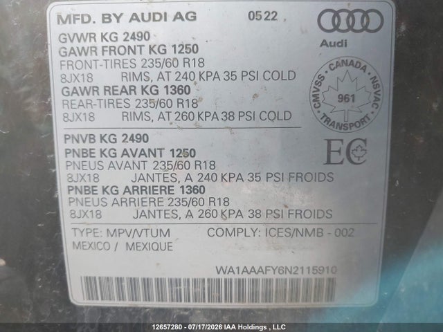 2022 Audi Q5 45 Komfort მანქანა იყიდება აუქციონზე, vin: WA1AAAFY6N2115910, აუქციონის ნომერი: 12657280