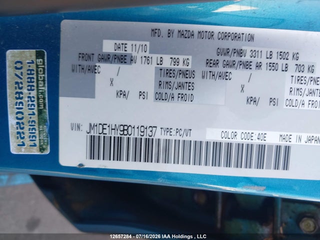 Aukcja sprzedaży 2011 Mazda Mazda2 Gs/gx, vin: JM1DE1HY9B0119137, numer aukcji: 12657284