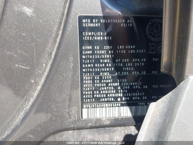 12657303 :رقم المزاد ، WVGJV7AX4GW601344 vin ، 2016 Volkswagen Tiguan Comfortline/highline/special Edition مزاد بيع