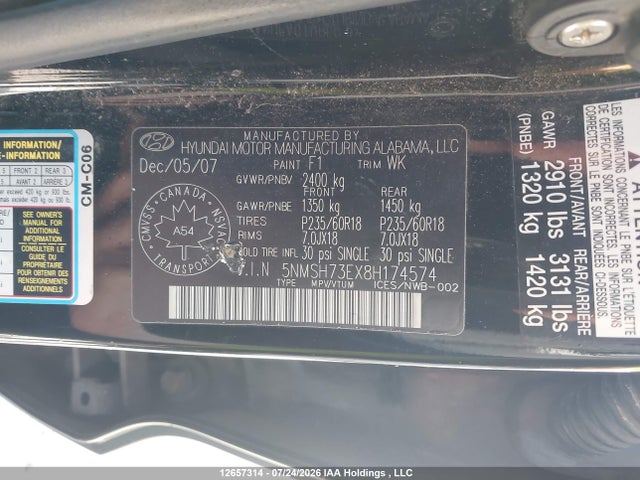 12657314 :رقم المزاد ، 5NMSH73EX8H174574 vin ، 2008 Hyundai Santa Fe Limited مزاد بيع