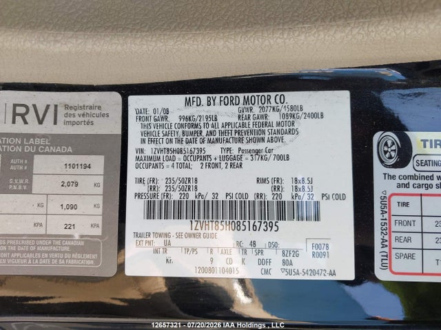 Продаж на аукціоні авто 2008 Ford Mustang, vin: 1ZVHT85H085167395, номер лоту: 12657321