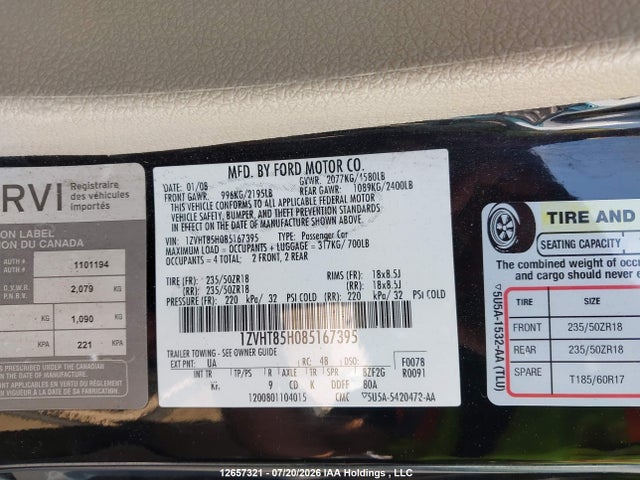 Продаж на аукціоні авто 2008 Ford Mustang, vin: 1ZVHT85H085167395, номер лоту: 12657321