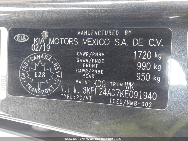 12657326 :رقم المزاد ، 3KPF24AD7KE091940 vin ، 2019 Kia Forte Fe/lx/lxs مزاد بيع