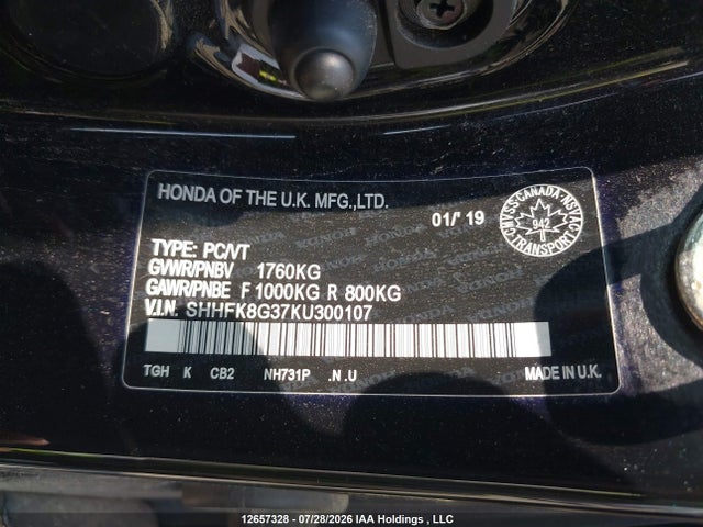 Aukcja sprzedaży 2019 Honda Civic, vin: SHHFK8G37KU300107, numer aukcji: 12657328