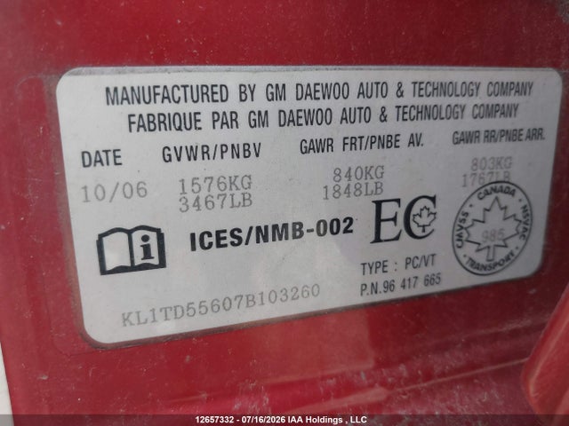 Aukcja sprzedaży 2007 Chevrolet Aveo Ls, vin: KL1TD55607B103260, numer aukcji: 12657332