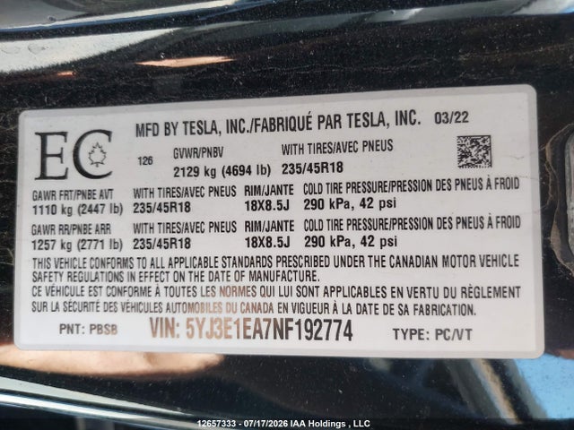 Aukcja sprzedaży 2022 Tesla Model 3 Rwd/standard Range, vin: 5YJ3E1EA7NF192774, numer aukcji: 12657333