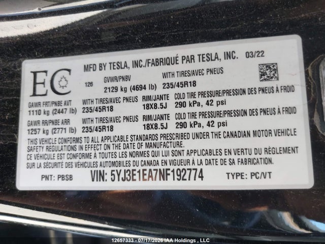 Aukcja sprzedaży 2022 Tesla Model 3 Rwd/standard Range, vin: 5YJ3E1EA7NF192774, numer aukcji: 12657333