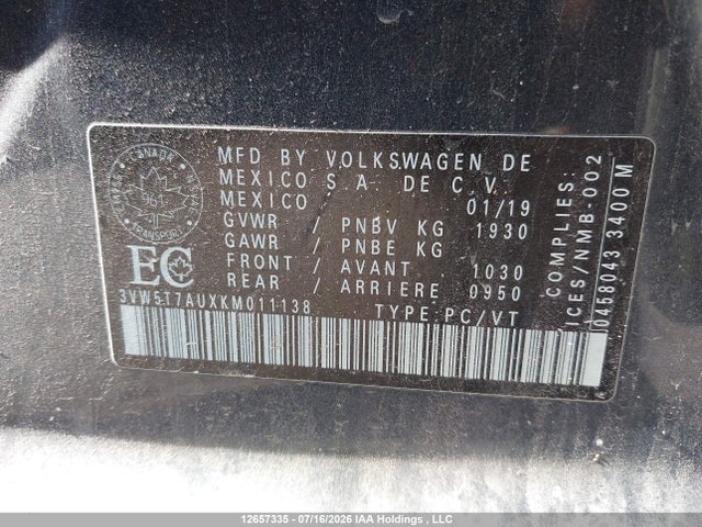 Продажа на аукционе авто 2019 Volkswagen Golf Gti 5-door/5-door Autobahn/5-door Rabbit, vin: 3VW5T7AUXKM011138, номер лота: 12657335