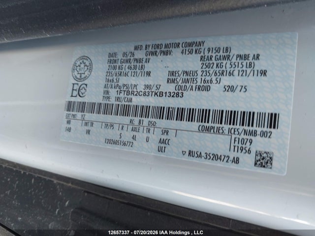 Продажа на аукционе авто 2026 Ford Transit T-250, vin: 1FTBR2C83TKB13283, номер лота: 12657337