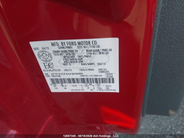 2012 Ford F-150 Fx2/lariat/stx/xl/xl W/midbox Prep/xlt/xlt W/midbox Prep მანქანა იყიდება აუქციონზე, vin: 1FTFX1CFXCFB78060, აუქციონის ნომერი: 12657345