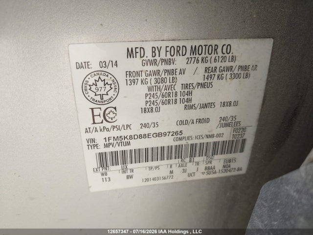 Продаж на аукціоні авто 2014 Ford Explorer, vin: 1FM5K8D88EGB97265, номер лоту: 12657347