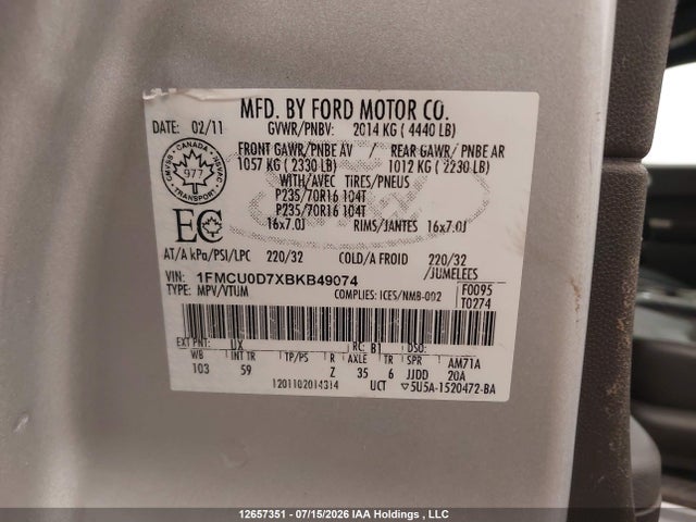Продажа на аукционе авто 2011 Ford Escape Xlt Automatic, vin: 1FMCU0D7XBKB49074, номер лота: 12657351