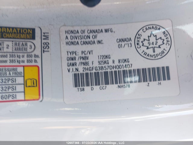 2013 Honda Civic Lx მანქანა იყიდება აუქციონზე, vin: 2HGFG3B57DH001407, აუქციონის ნომერი: 12657366
