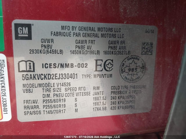 12657370 :رقم المزاد ، 5GAKVCKD2EJ330401 vin ، 2014 Buick Enclave مزاد بيع