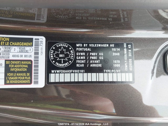 Volkswagen Eos Wolfsburg Edition 2015 WVWFD8AH3FV002161 Image 9
