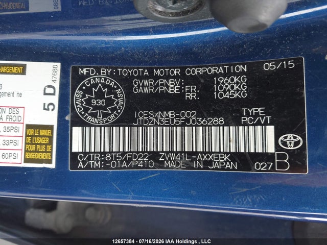 JTDZN3EU5FJ036288 Toyota PRIUS V