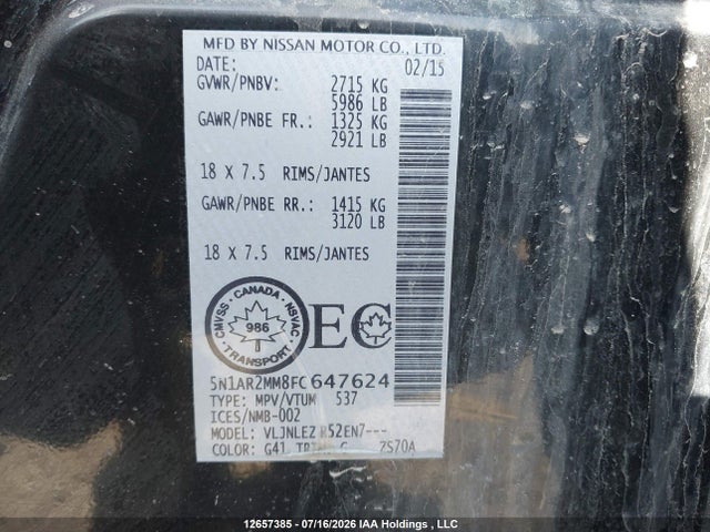 2015 Nissan Pathfinder S/sv/sl/platinum მანქანა იყიდება აუქციონზე, vin: 5N1AR2MM8FC647624, აუქციონის ნომერი: 12657385