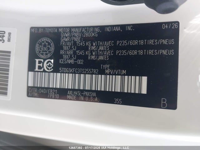 Aukcja sprzedaży 2026 Toyota Sienna Le/xse/limited/platinum, vin: 5TDGSKFC3TS255782, numer aukcji: 12657392