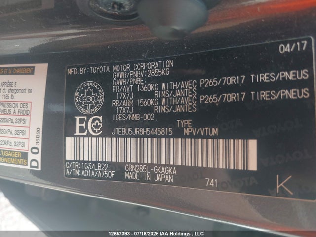 JTEBU5JR8H5445815 Toyota 4runner Sr5 Prem/ltdl/trail/trd