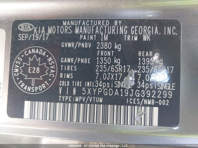 12653408 :رقم المزاد ، 5XYPGDA19JG392299 vin ، 2018 Kia Sorento 2.0l Lx مزاد بيع