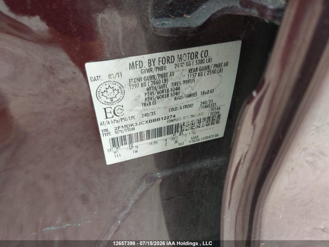 Aukcja sprzedaży 2011 Ford Edge Sel, vin: 2FMDK3JCXBBB12274, numer aukcji: 12657398