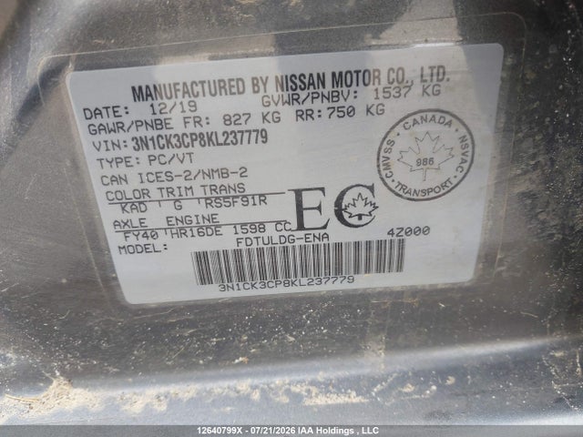 12640799 :رقم المزاد ، 3N1CK3CP8KL237779 vin ، 2019 Nissan Micra S/sr/sv مزاد بيع