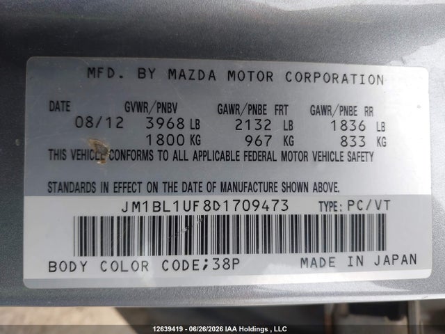 Продаж на аукціоні авто 2013 Mazda Mazda3 Gx, vin: JM1BL1UF8D1709473, номер лоту: 12639419