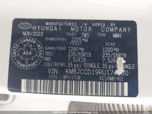 12657418 :رقم المزاد ، KM8JCCD19RU174960 vin ، 2024 Hyundai Tucson Luxury Awd مزاد بيع