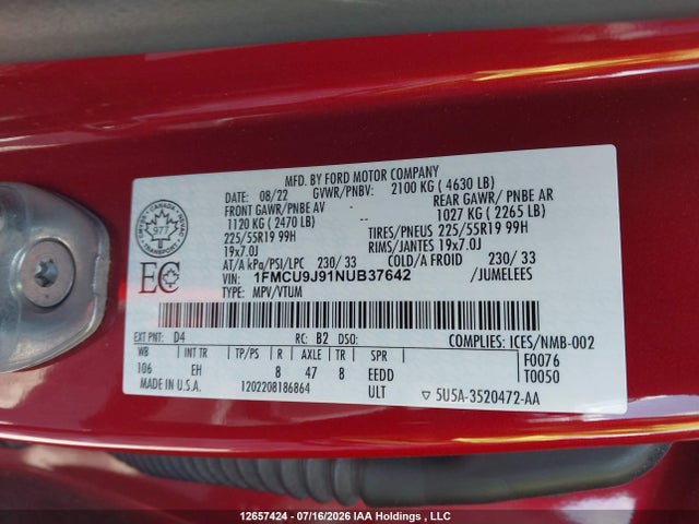 Продажа на аукционе авто 2022 Ford Escape Titanium, vin: 1FMCU9J91NUB37642, номер лота: 12657424