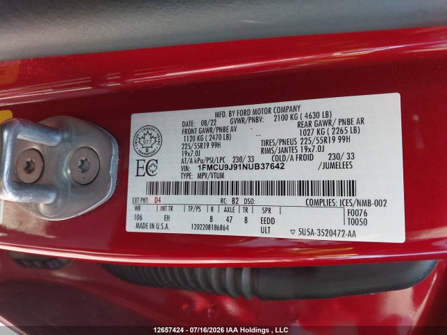 Продажа на аукционе авто 2022 Ford Escape Titanium, vin: 1FMCU9J91NUB37642, номер лота: 12657424