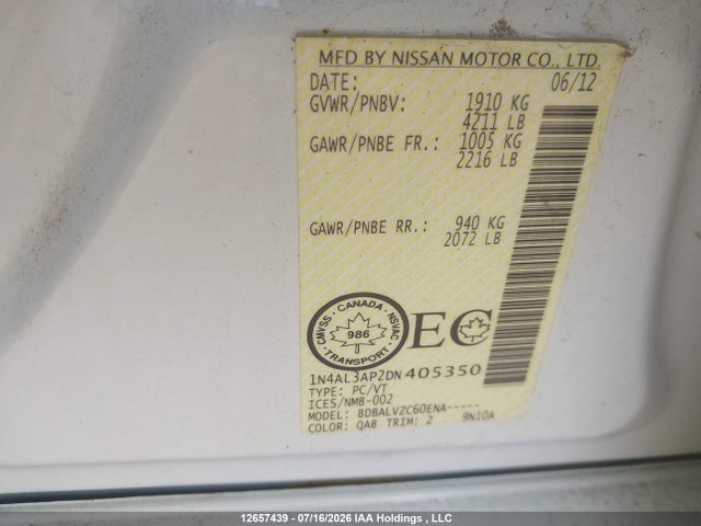 Aukcja sprzedaży 2013 Nissan Altima 2.5/2.5 S/2.5 Sl/2.5 Sv, vin: 1N4AL3AP2DN405350, numer aukcji: 12657439