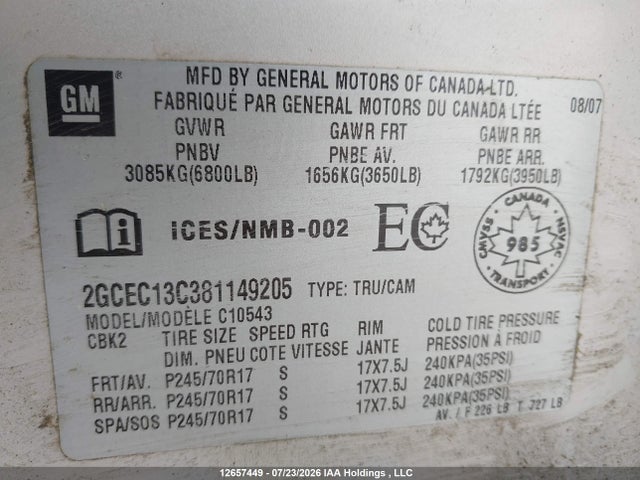 Aukcja sprzedaży 2008 Chevrolet Silverado 1500 Lt/wt, vin: 2GCEC13C381149205, numer aukcji: 12657449