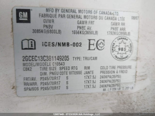 Aukcja sprzedaży 2008 Chevrolet Silverado 1500 Lt/wt, vin: 2GCEC13C381149205, numer aukcji: 12657449