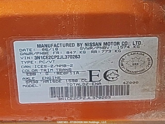 2018 Nissan Versa Note 1.6 S/1.6 Sr/1.6 Sv მანქანა იყიდება აუქციონზე, vin: 3N1CE2CP2JL370263, აუქციონის ნომერი: 12657453