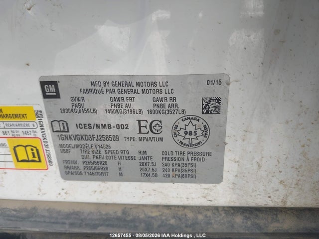 Aukcja sprzedaży 2015 Chevrolet Traverse Lt, vin: 1GNKVGKD3FJ258509, numer aukcji: 12657455