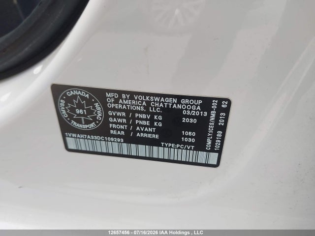 2013 Volkswagen Passat S მანქანა იყიდება აუქციონზე, vin: 1VWAH7A33DC109293, აუქციონის ნომერი: 12657456