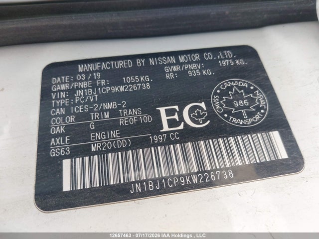 2019 Nissan Qashqai S/sv მანქანა იყიდება აუქციონზე, vin: JN1BJ1CP9KW226738, აუქციონის ნომერი: 12657463