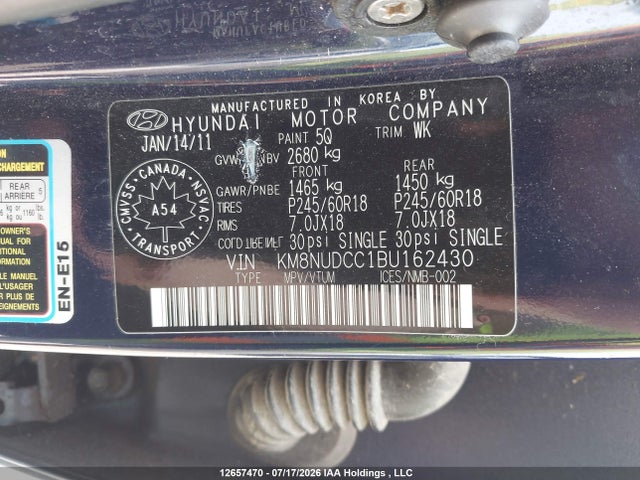 12657470 :رقم المزاد ، KM8NUDCC1BU162430 vin ، 2011 Hyundai Veracruz مزاد بيع