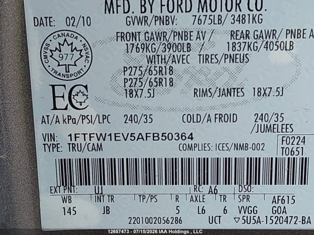 Aukcja sprzedaży 2010 Ford F-150 Fx4/harley-davidson/king Ranch/lariat/platinum/xlt, vin: 1FTFW1EV5AFB50364, numer aukcji: 12657473