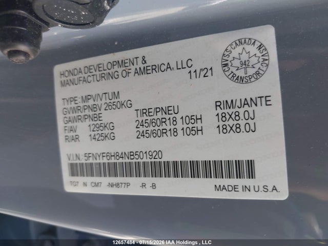 12657484 :رقم المزاد ، 5FNYF6H84NB501920 vin ، 2022 Honda Pilot Trailsport مزاد بيع