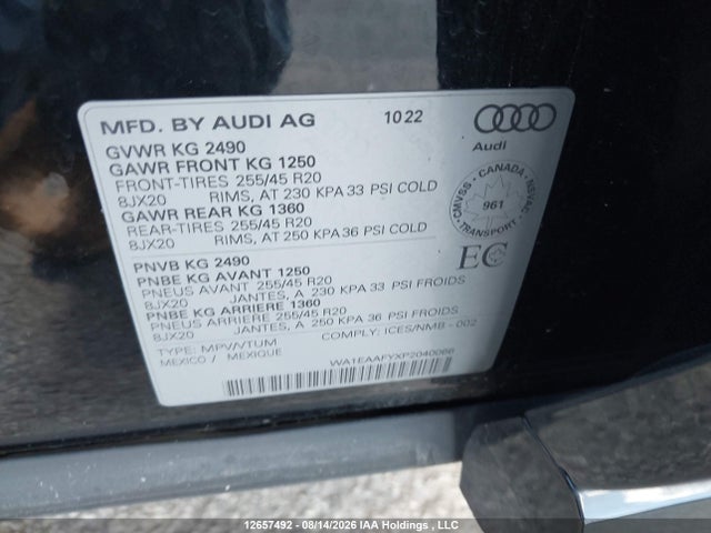 12657492 :رقم المزاد ، WA1EAAFYXP2040066 vin ، 2023 Audi Q5 45 Progressiv مزاد بيع