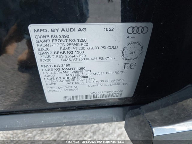 12657492 :رقم المزاد ، WA1EAAFYXP2040066 vin ، 2023 Audi Q5 45 Progressiv مزاد بيع