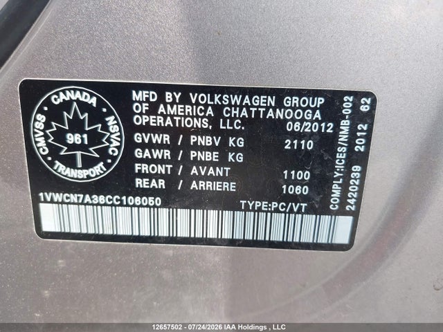 12657502 :رقم المزاد ، 1VWCN7A36CC106050 vin ، 2012 Volkswagen Passat مزاد بيع