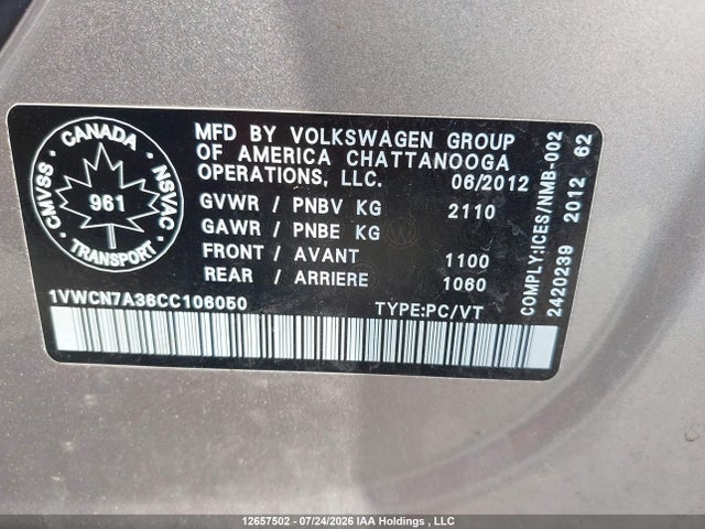 12657502 :رقم المزاد ، 1VWCN7A36CC106050 vin ، 2012 Volkswagen Passat مزاد بيع