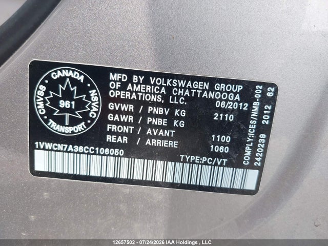 12657502 :رقم المزاد ، 1VWCN7A36CC106050 vin ، 2012 Volkswagen Passat مزاد بيع